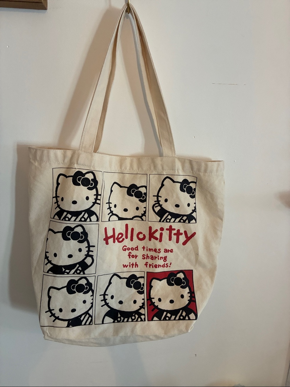 Sanrio Hello Kitty Cream Canvas Tote with Black and Red Print Tote Bag